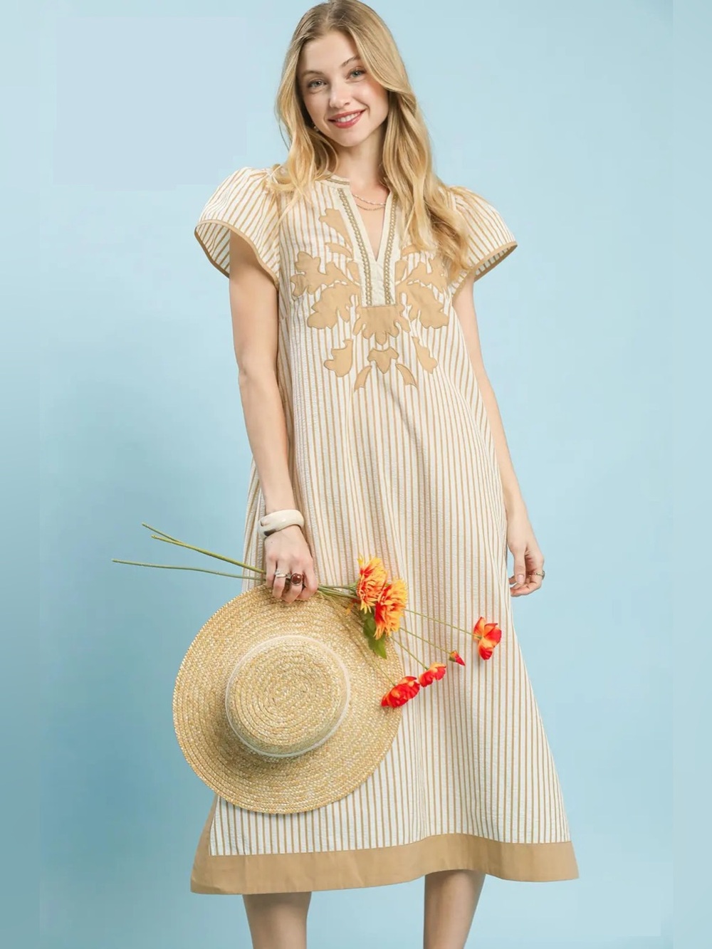 Umgee Latte Stripe Midi Dress with Lace Trim & Pockets🛍️
